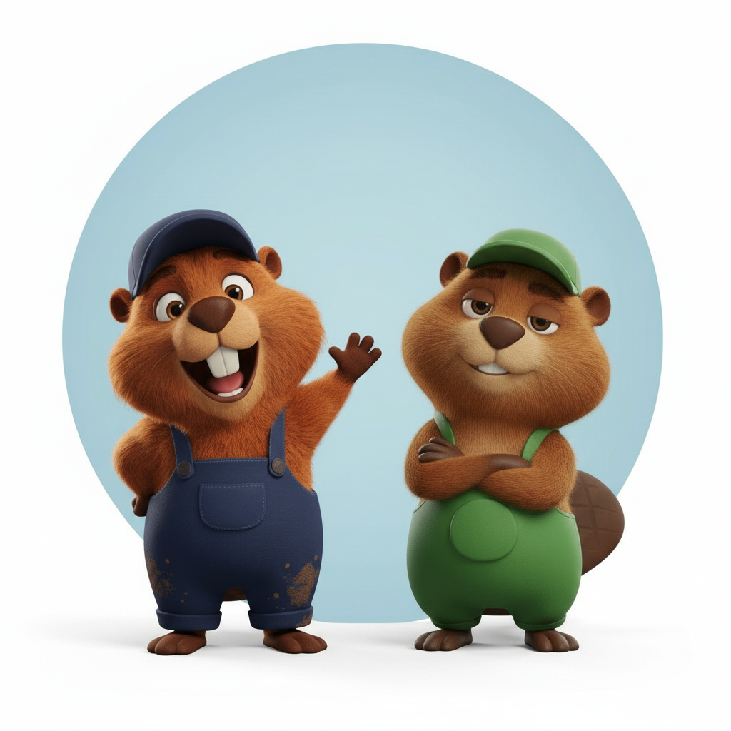 Les Kastors, deux castors mascottes en tenue de chantier