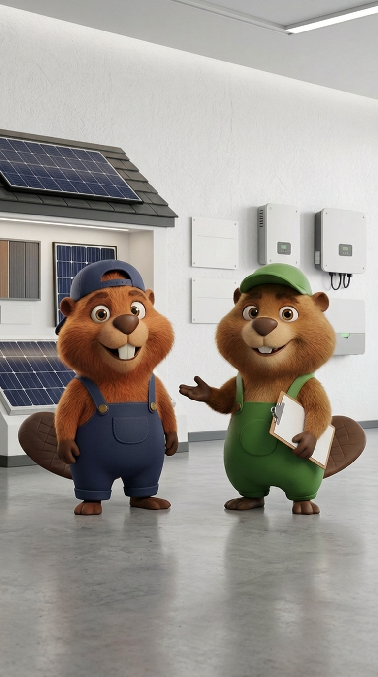 Les Kastors devant des panneaux solaires et des onduleurs en showroom